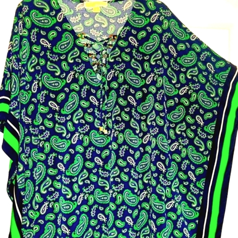 MICHAEL by Michael Kors Flutter Wing Tunic Criss Cross V Neck w Gold MKs L/XL